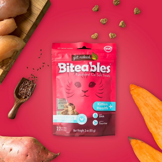Get Naked Biteables Natural Soft Treats for Cats, Kitten Health Plus, Seafood Medley Recipe, 3 oz, 1 Pouch