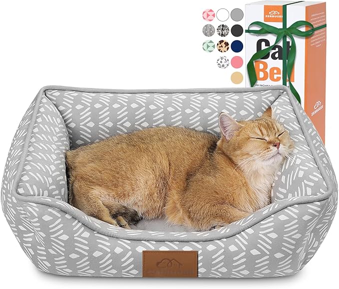 Zerbuger Rectangle Cat Dog Bed for Large Medium Small Pets Indoor Outdoor Machine Washable Sleeping Sofa Non-Slip Bottom Soft Puppy Bed Durable Orthopedic Calming Pet Cuddler (Small, Grey Pattern)