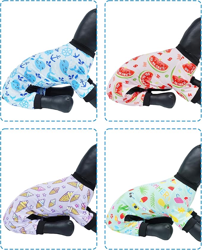 PET SHOW 4 Pack Small Dog Pajamas Watermelon Doggies Soft Stretchy PJs Whale Ice Cream Jumpsuit Puppy Cats Girl Boy Floral Onesies Outfits with Sleeve Pets Breathable Summer Dog Clothes Costume S