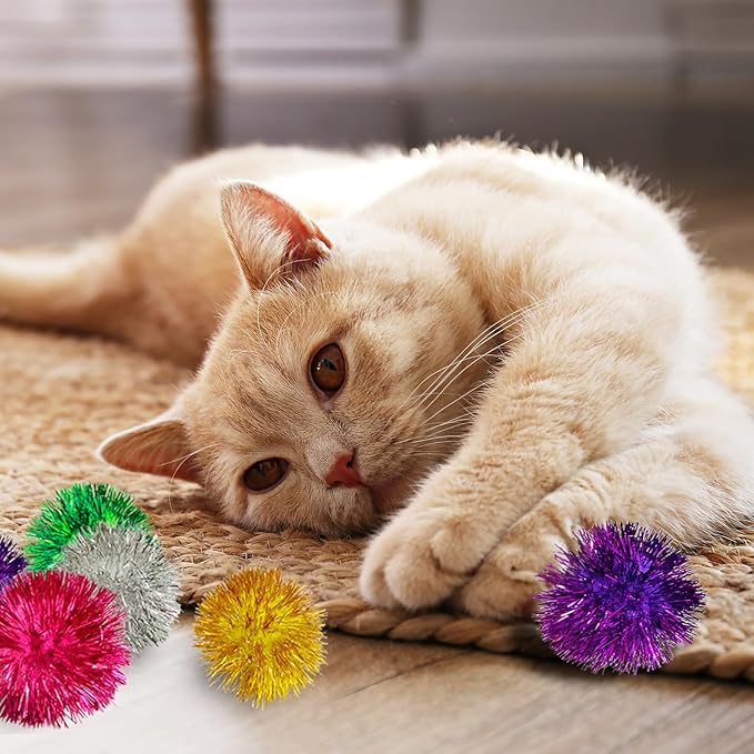 50 Pcs Cat Pom Pom Balls,2 Inch Large Assorted Color Cat Toy Balls,Sparkle Ball for Indoor Cats,Interactive Glitter Cat Toys for Exercise and Entertainment