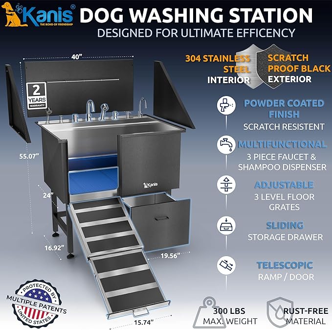 KANIS Professional Dog Washing Station 304 Stainless Steel Pet Wash Sink & Grooming Bathtub w/Shower, Floor Grates and Storage for Large, Medium & Small Pets (Black, 40 Inches, Left Ramp, 1 Drawer)