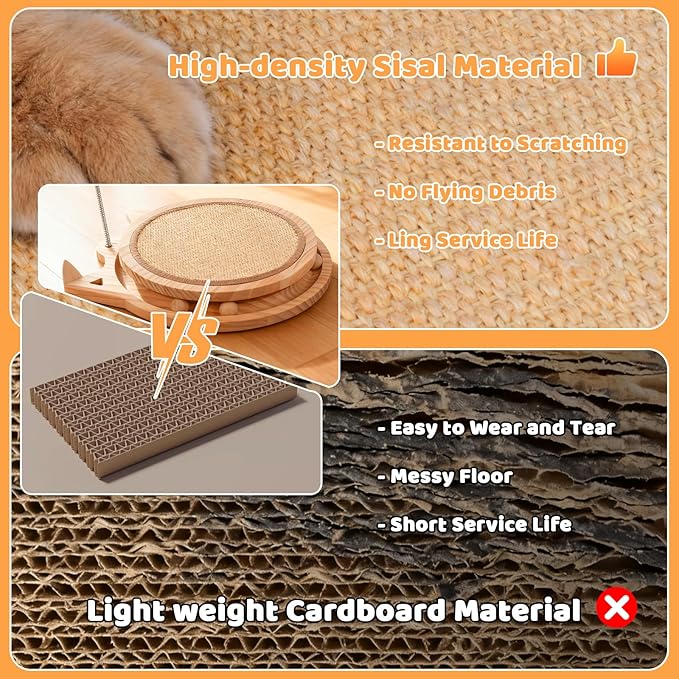 Sisal Cat Scratcher with Ball Track and Spring Toy 3 in 1 Wooden Interactive Cat Toys Cat Scratchers for Indoor Cats and Kitty
