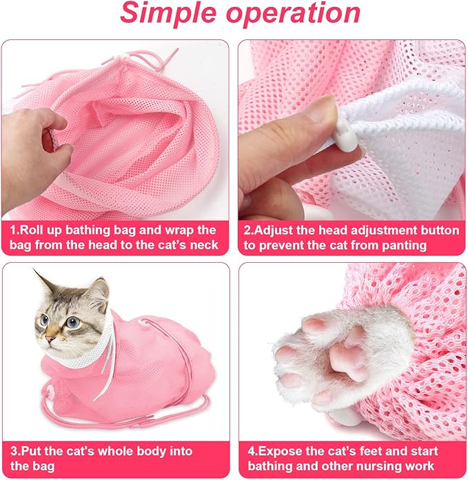 Catcan Cat Bathing Bag, Breathable Cat Grooming Bag, Anti Scratch Adjustable Cats Shower Washing Bag with Mesh for Nail Trimming