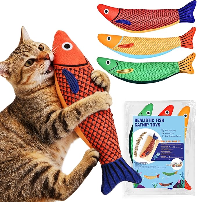 Catnip Toys for Cats Indoor, Cat Kicker Toy 3 Pack Plush Fish with Crinkle Sound, Interactive Kitten Toys for Boredom Relief, Soft Durable Cat Chew Toys for Indoor Cats and Kittens