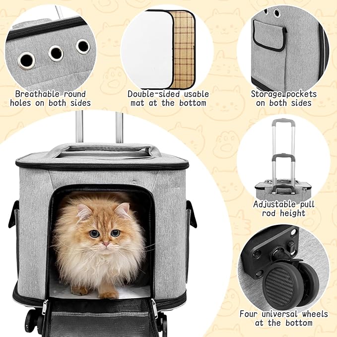 Pet Carrier with Wheels,Rolling Cat Carrier with Adjustable Pull Rod for Travel,Outdoor Use,Airline Approved Dog Carrier with Handle,Gray