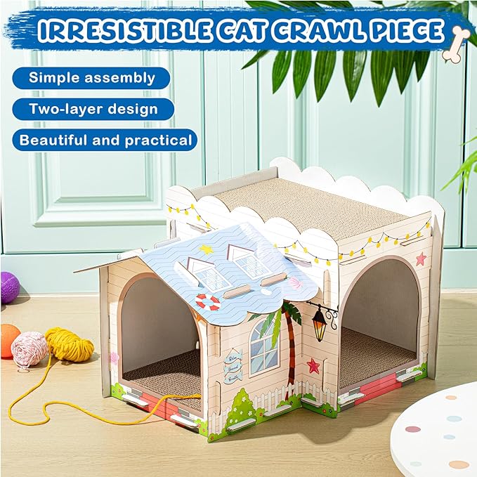 Lineshading 2 Story Cardboard Cat House with Scratcher Pad, Multi Level Durable Cat Scratcher House for Small Kitten Bunny Rabbit Animals Christmas Birthday Gift(17x12x10,Beach)