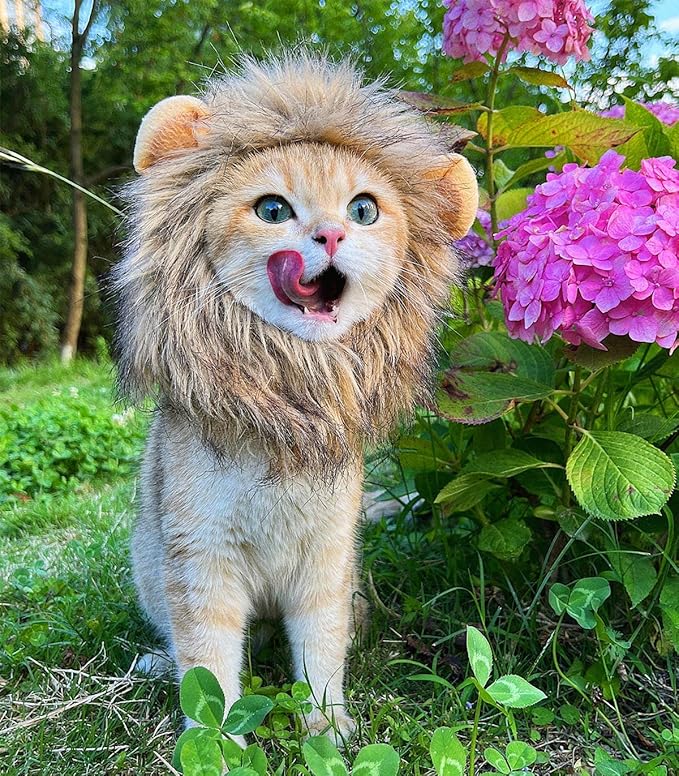 Lion Mane Wig for Cat Costume Pet Adjustable Washable Comfortable Fancy Lion Hair Cat Clothes Dress for Halloween Christmas Easter Festival Party Activity (Small, Brown)