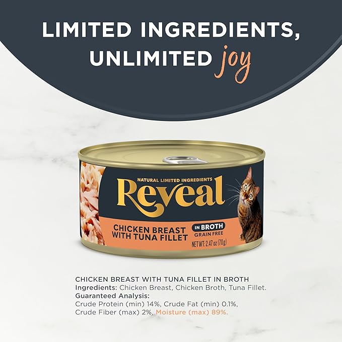 Reveal Natural Wet Canned Cat Food, Limited and Natural Ingredients, Grain Free, High Protein with No Artificial Additives, Chicken Breast with Tuna in Broth (24 x 2.47 oz Cans)