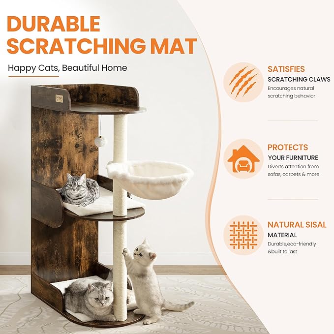Modern Wood Cat Tree Tower for Indoor Large Cats, Cat Scratching Posts with Big Perch Bed, 44.8" Tall Multi-Level Wooden Cat Condo with Hammock, Removable Pads, Kitty Furniture, Rustic Brown