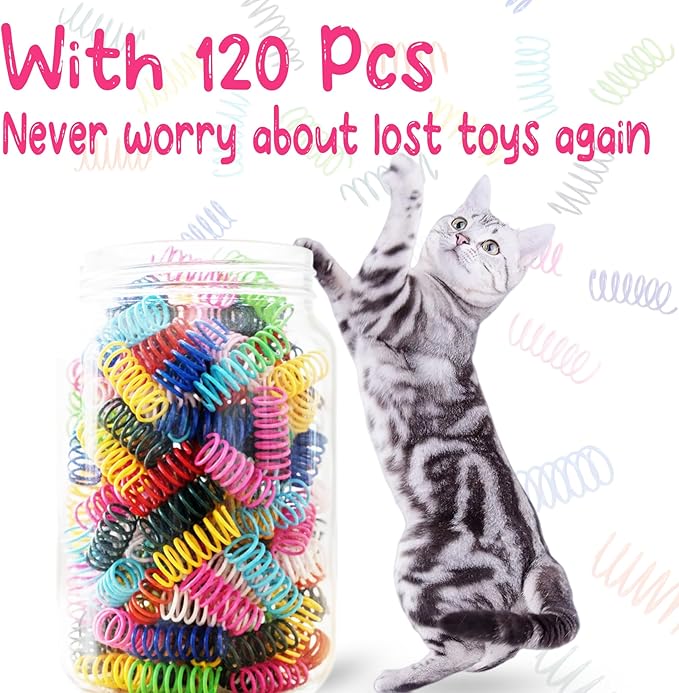 120 Pack Cat Spring Toy - 12 Colors Interactive Cat Toys for Kitten, Durable Plastic Cat Toy Springs for Indoor, Bouncy Spiral Coils for Swatting, Biting, Hunting and Active Play