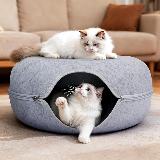 Peekaboo Cat Cave Bed for Indoor Cats, Scratch-Resistant Cat Donut Tunnel for Multiple & Large Cats, Detachable Round Cat Hideaway for Playing, Sleeping and Hiding
