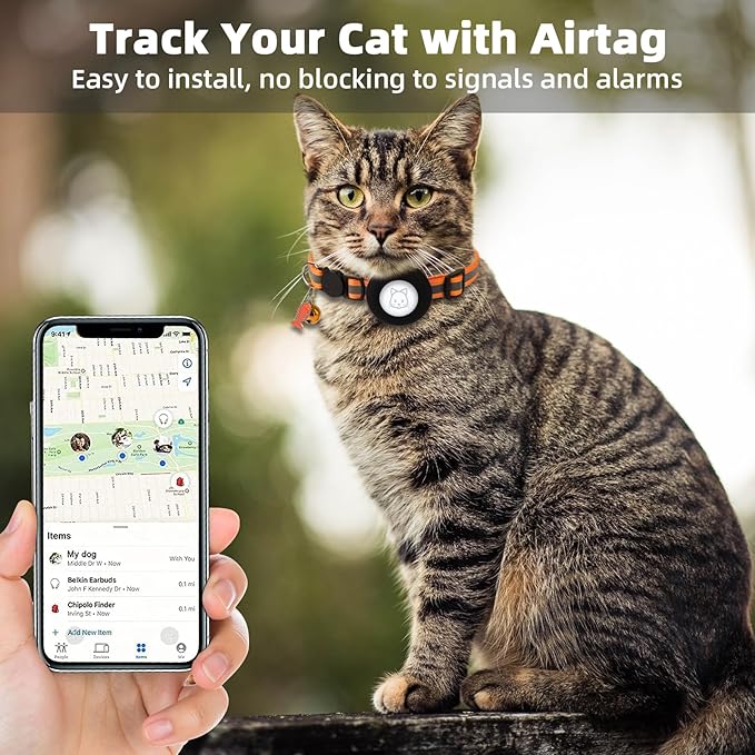 Airtag Cat Collar, Air tag Cat Collar with Bell and Safety Buckle in 3/8" Width, Reflective Collar with Waterproof Airtag Holder Compatible with Apple Airtag for Cat Dog Kitten Puppy (Orange)