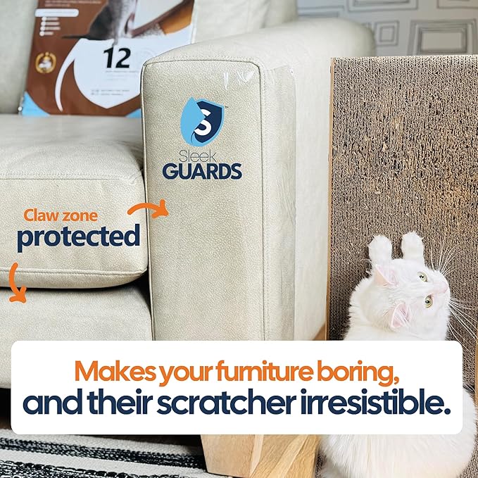 Cat Scratch Furniture Protector, 12-Pack Double-Sided Couch Protector from Cat Claws — Sticky Anti-Scratch Training Tape Sheets for Sofa, Door & Corner, Clear Cat Deterrent