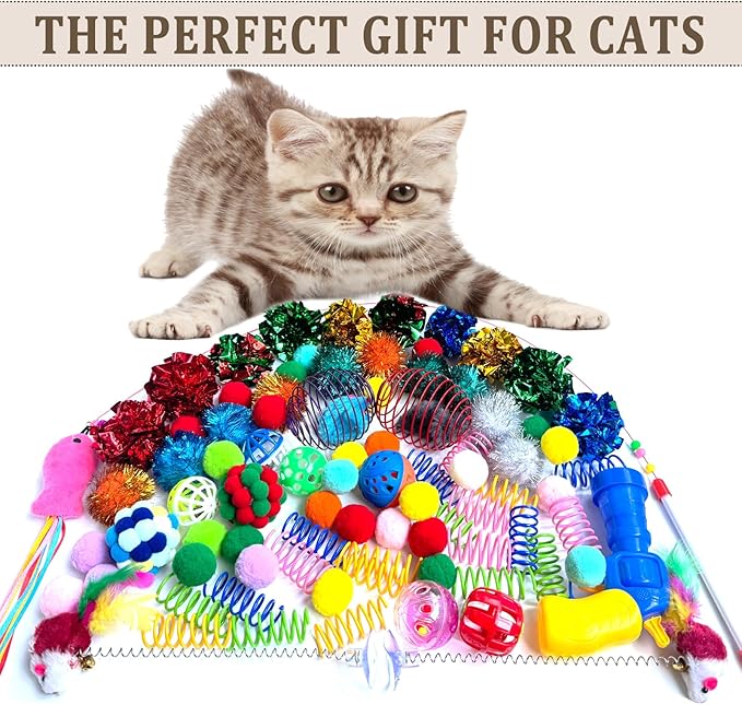 HerMia Colorful Cat Toys Bulk for Indoor Cats, 84 Pcs Interactive Kitten Toys Set, Cat Toy Cat Toy Bundle for Multiple Cats with Plush Balls Launcher & Teaser Wand, Includes Crinkle Balls, Springs