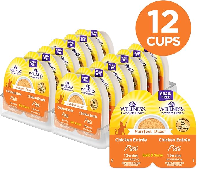Wellness Complete Health Purrfect Duos Pate Adult Wet Cat Food, Natural, Protein Rich, Grain Free, Chicken Entrée Recipe, 2.64 oz, Pack of 12 Split Cups