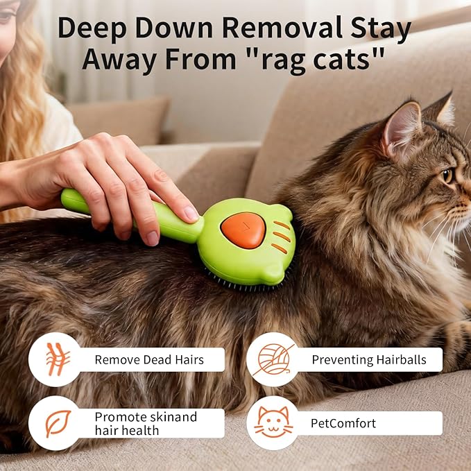 Cat Brush for Shedding, Self Cleaning Pet Hair Brush with Release Button, Cat & Dog Grooming Brush for Long or Short Haired Pets, Removes Loose Fur (Green)
