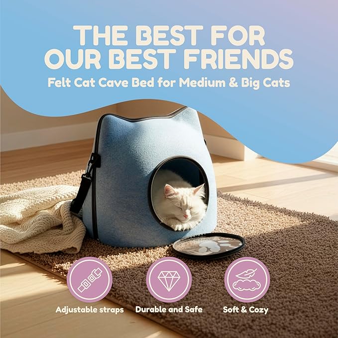 Cat Cave Bed for Indoor Cats – Felt Covered Hideaway with Cushion, Foldable Enclosed Pet House, Portable Cozy Cave Bed for Medium & Large Cats (Blue)