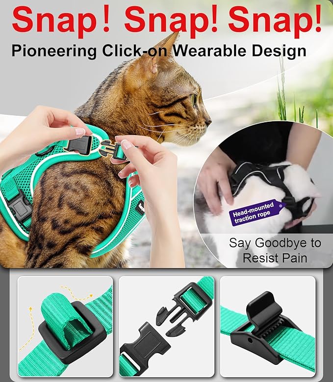 Cat Harness and Leash for Walking Escape Proof Soft Adjustable Cat Leash Breathable Comfortable Vest Easy to Wear Kitten Harness for Outdoor Travel (Emerald, M (13-18lb))