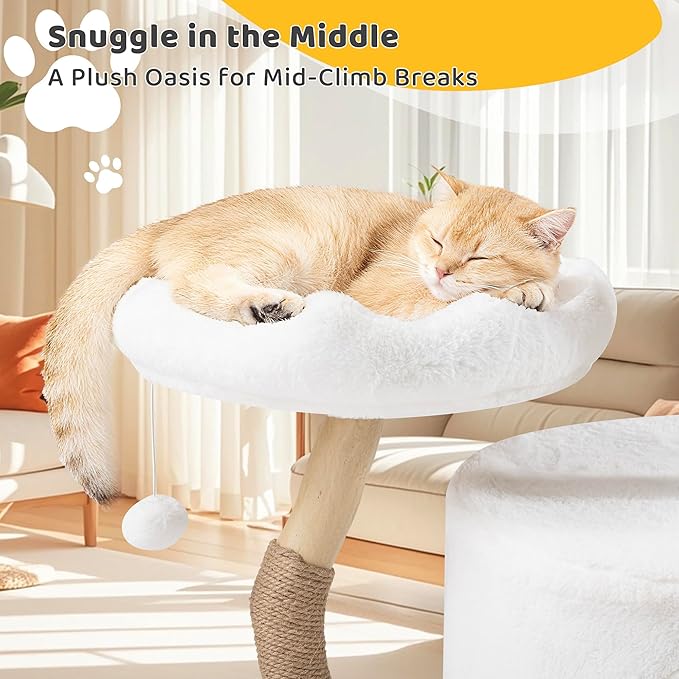 AQUILLA 42.5" Multi-Level Cat Tree Tower – Cozy Cat Condo, Woven Seagrass Basket, Sisal Scratching Posts, Indoor Playground for Cats, White