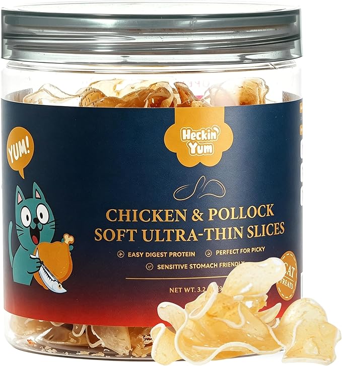 Soft Cat Treats, Chicken & Pollock Ultra-Thin Slices, Easy-Chew Snacks for Picky Cats, Kittens & Seniors, with Taurine, 3.2 oz