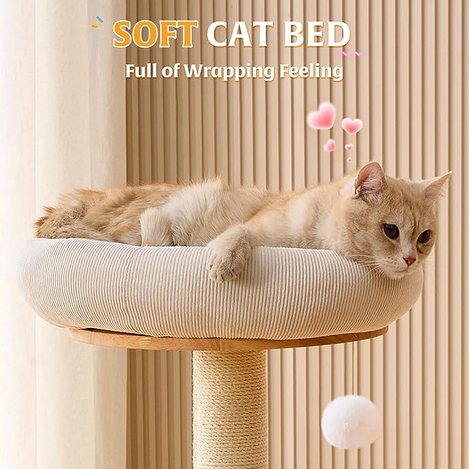 HITTITE Solid Wood Cat Tree Tower with Scratching Post, 37.8 Inches Tall Cat Towers with Scratching Board and Scratcher Ball, Modern Cat Tower With Space Capsule and Removable Top Bed for Indoor Cats.