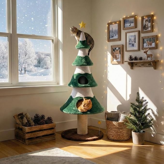 62" Cat Tree, Cat Tower with Heavy Duty Base and Scratching Posts, Multi-Level Plant-Like Cat Furniture, Sisal Cat Scratcher & Cozy Cat Condo, a Holiday Favorite for Indoor Cats,Green