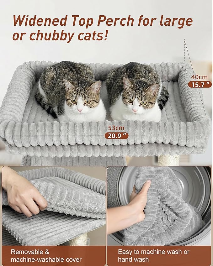 Cat Tree for Large Cat, 20.9 * 15.7in Large Perch Bed for Adult Cats, 22.8in Cat Tower with Scratching Post, Cat Condo with 2-Door for Indoor Cats, Light Gray