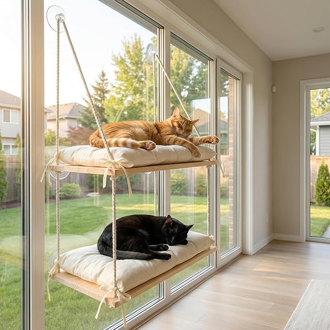 Loscarol Cat Window Perch for Large Cats, Double Layer Wooden Feline Hammock Seat with Heavy Duty Suction Cups, Easy Assembly Sill Ledge Bed for Multiple Kitties, Indoor Sunbathing Lounger
