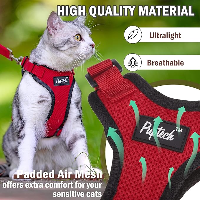 PUPTECK Cat Harness and Leash Set Escape Proof for Walking, Breathable Mash Vest Adjustable Harness for Cats Puppy Small Animals, Reflective at Night, Red Small