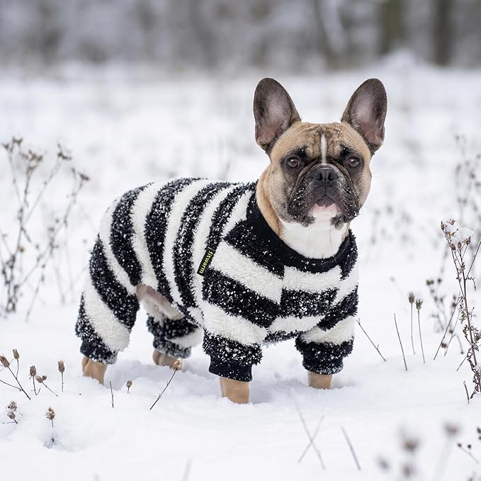 Fitwarm Fuzzy Striped Dog Pajamas, Winter Clothes for Small Dogs Girl Boy, Fleece Dog Onesie, Soft Pet PJS, Doggy Apparel, Black, White, Medium