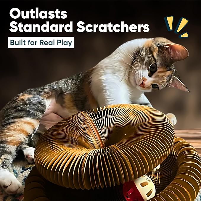 KITTY KURLZ Interactive Cat Toy & Cardboard Cat Scratcher, Collapsible Ball Track with Bell, Reversible Scratch Ring for Play, Chase and Lounge