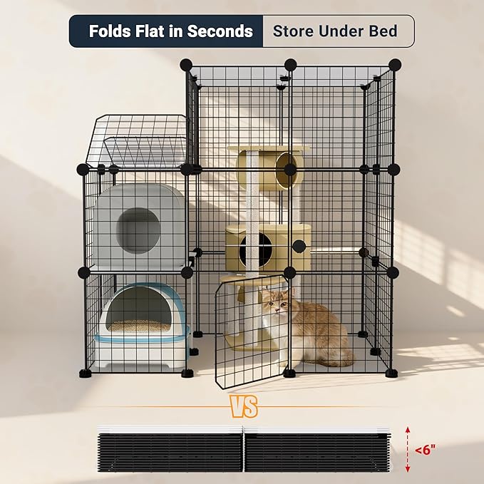 3-Tier DIY Indoor Cat Cage with Skylight, Accommodates Multiple Pets; Foldable Large Cat Cage Enclosure (with Litter Box Area); 43.7-Inch Metal Wire Cat Bed Habitat
