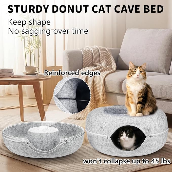 Cat Cave Bed Tunnel Donut – Peekaboo Felt Hideaway for Indoor Large Cats up to 45 lb – Detachable Washable Scratch-Resistant – Multi-Cat & Kittens, Grey