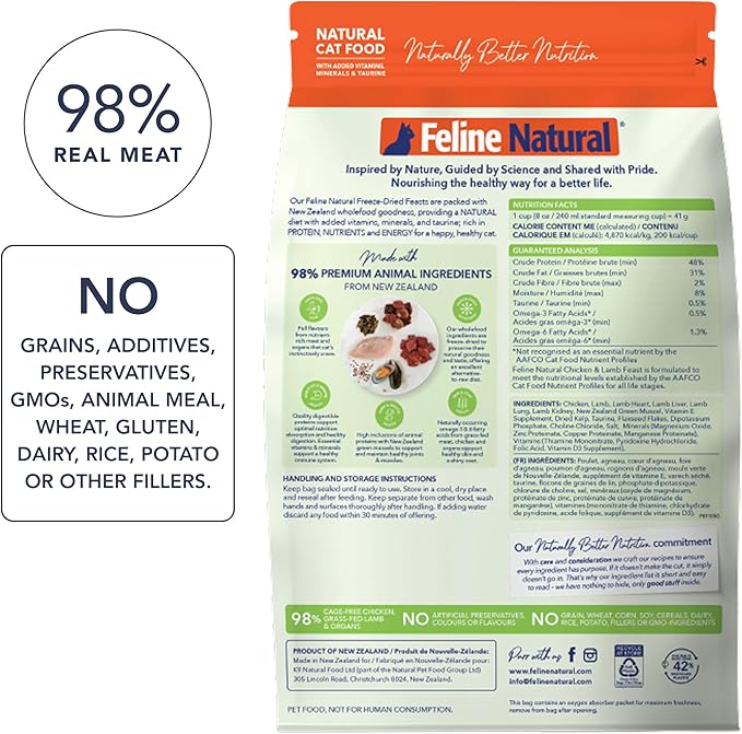 Feline Natural High Protein Dry Cat Food, Freeze-Dried Diet with 98% Meat, Organs & Seafood, No Peas, Grains, or Artificial Additives, Made in New Zealand, Chicken & Lamb, 1.8lb