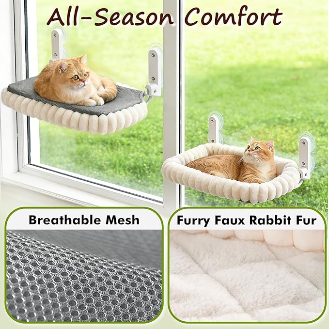 Zoratoo 2PC Cat Window Perch with Bolster Foldable Cat Hammock Cushion Bed for Window with Metal Frame, Cloud-Cuddle Cordless Window Resting Seat for Indoor Cats (Cushion Bed, White-L)