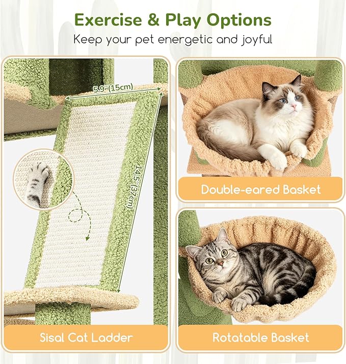 Globlazer Extra Large Cactus Cat Tree Tower 80in Tall Cat Tree for Multiple Indoor Cats Large Adult Kittens with Scratching Posts, 2 Widened Perches, Adjustable Baskets, 2 Cozy Condos, S80G, Green