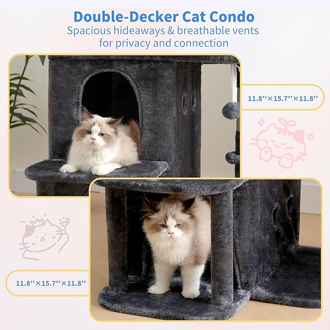 Heybly Cat Tree, 26.3-inch Cat Tower with Spacious Top Perch for Large Cats, Stair-Style Cat House Furniture with Dual-Layer Condos, Sisal Scratching Posts, Cozy Basket & Pompom, Smoky Gray HCT204SG