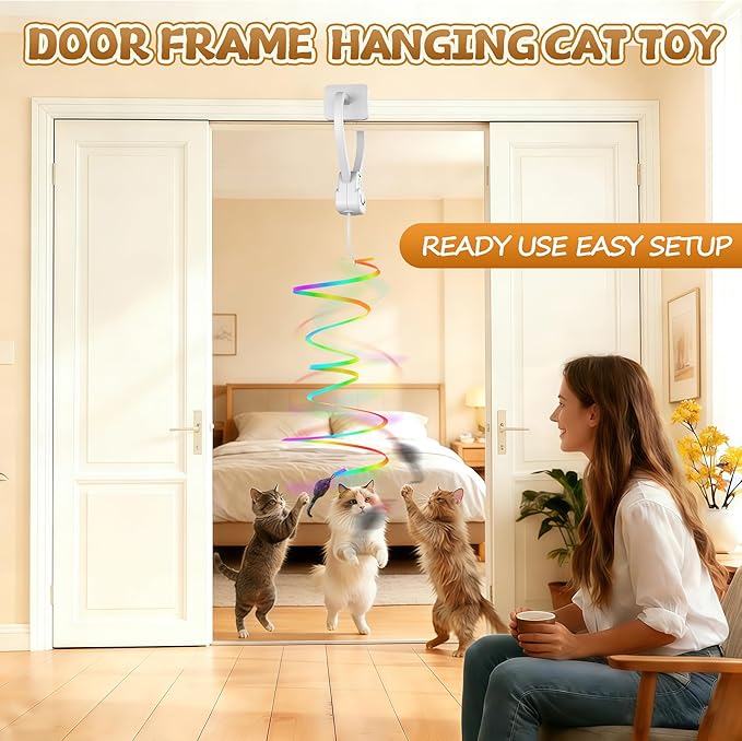 Interactive Cat Toy for Indoor Cats, Automatic Hanging Door Frame Toy with Feather & Mouse, 360° Rotating, USB Rechargeable Self Play Kitten Toy for Hunting Instinct, Cat Boredom Relief