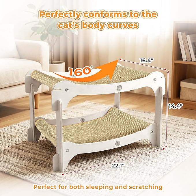 Two-Layer Sisal Cat Scratcher Bed - Large Scratching Board with Lounger Cat Scratch Pad, Sturdy Wooden Scratching Post for Indoor Kittens&Adult Cats, Easy Assemble Elevated Cats Bed Furniture