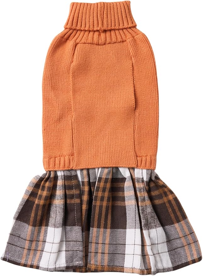 Lanyarco Orange Knitted Dog Sweater Dress, Plaid Fall Thanksgiving Dog Clothes for Dogs Girl, Dachshund Doggy Pet Dresses, Large (L)