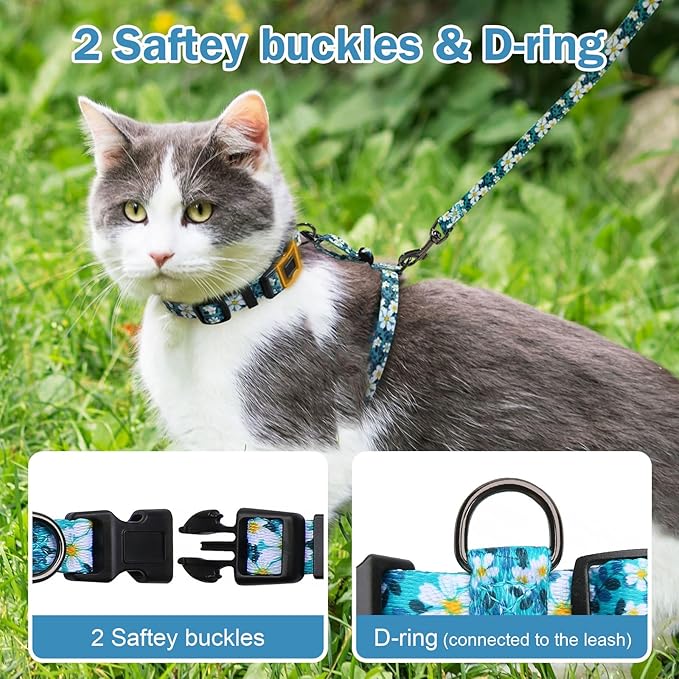 Hikiko Cat Harness and Leash Set Escape Proof Adjustable Walking Travel Cute Girl Kitten Harness for Small Medium Large Cats (Green Flower, M)