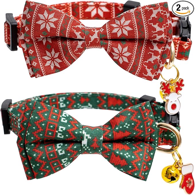 2 Pack Cotton Christmas Cats Collar with Bow Tie Red Green Cat Collars for Girl Female Boy Male Cat Collar with Bell Elk Cute Gloves Charms