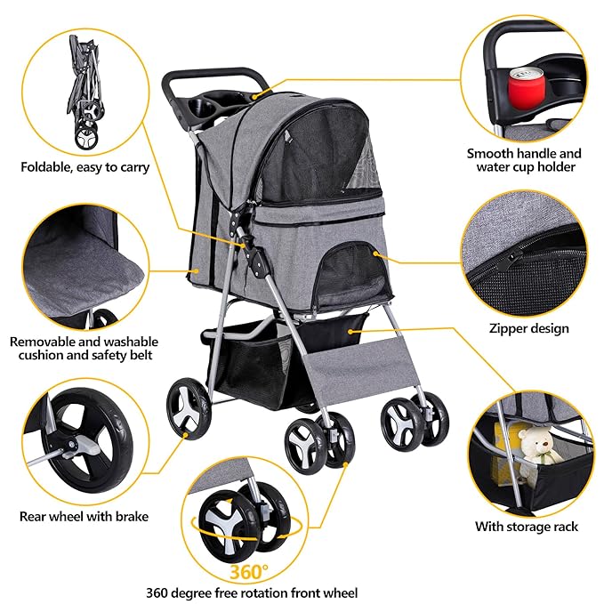 4 Wheels Foldable Pet Dog Cat Jogger Stroller Travel Carrier Strolling Cart w/Waterproof Cover Storage Basket Cup Holder & Removable Liner for Medium Small Cat Dog, Grey