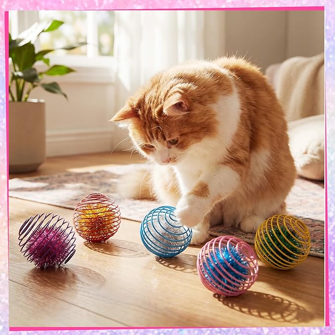 Jecery 5 Pcs Cat Spring Toys Stretchable Rolling Balls Colorful Playful Coils Interactive Action Toy Caged Rats for Kitten Pet Supplies (Glitter Balls,Multicolor)