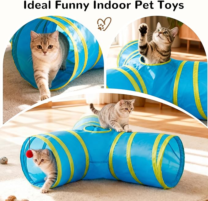 Tempcore Cat Tunnel for Indoor Cats, 3-Way Collapsible Play Tunnel with Teaser Wand, Peek Holes & Toy Ball, Small Pet Toy for Kittens & Rabbits, Blue & Yellow
