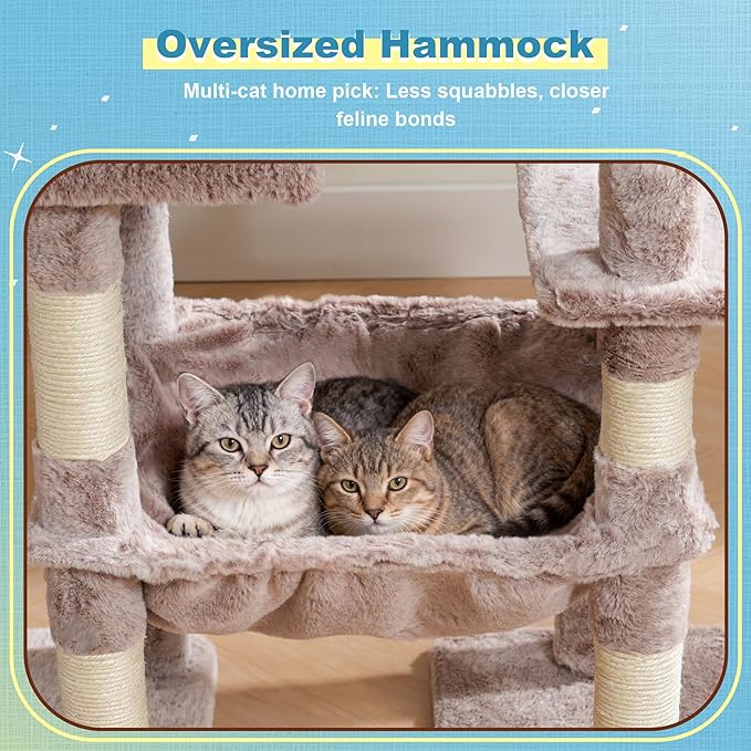 Hey-brother Cat Tree Tower, Scratching Posts with Big Platform, 2 Condos, Spacious Hammock, Cozy Basket, Sisal Board for Indoor Large Adults, 50 Inches Progressive Climbing House, Muchroom MPJ071MU