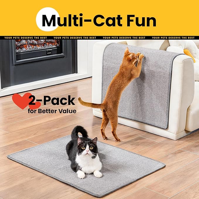 Cat Scratcher Mat,Natural Sisal Cat Scratch Pad with Hook&Loop Tape,Horizontal Floor Kitty Scratching Pads Rug for Indoor, Furniture Protector for Couch&Carpets&Sofas, Large, Grey, 2 Pack