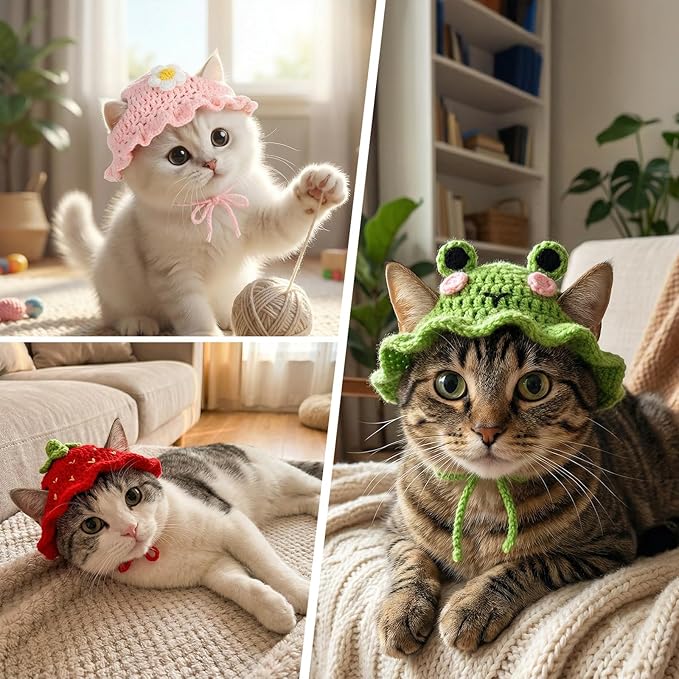 3pcs Frog and Strawberry Hat for Cat, Strawberry Dog Hat, Cute Pet Hats for Puppy Cat Kitten Dogs Birthday Party Christmas Halloween, 3 Colors