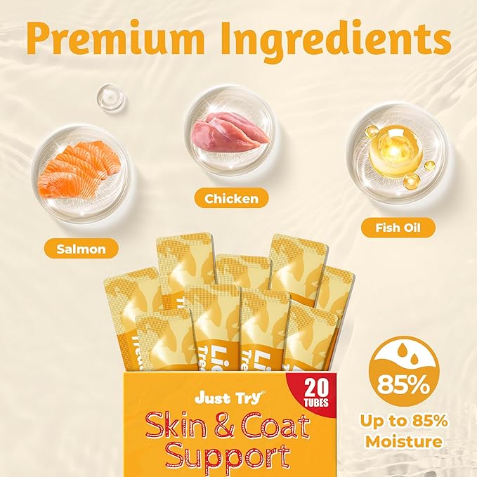 Just Try 20 Tubes Natural Fish Oil Cat Treats for Skin and Coat with Omega Oils, Taurine and Vitamin E, 0.5 Ounces Each Tube