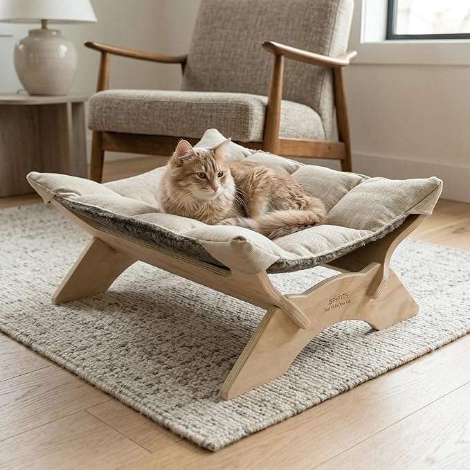 JSPYFITS Elevated Cat Bed Hammock, Raised Orthopedic Dog Bed with Dual-Sided Plush & Linen Cushion, Modern Cat Furniture for Medium to Large Cats, Easy Assembly(Gray)